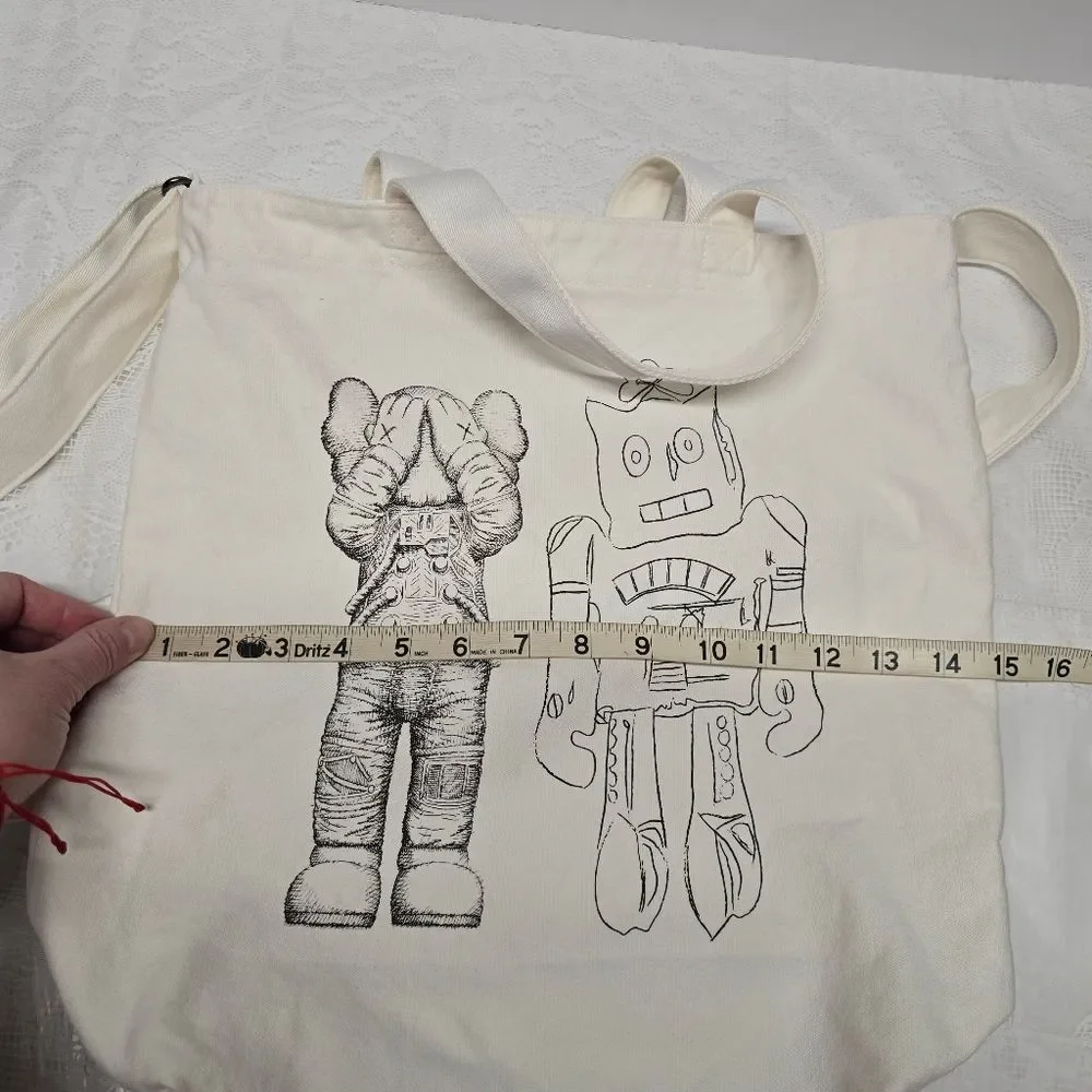 KAWS + Warhol 2-Way Uniqlo Tote Bag Off White Canvas Hipster Streetwear Pop Art